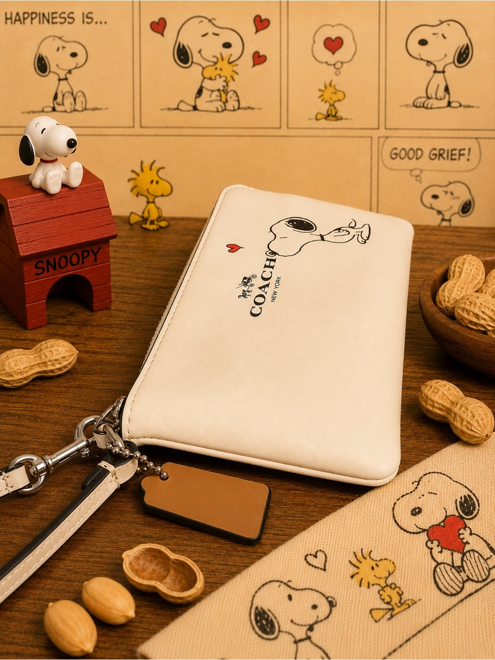 Coach x Peanuts Snoopy Corner Zip Wristlet Chalk White Leather EUC - Picture 4 of 6